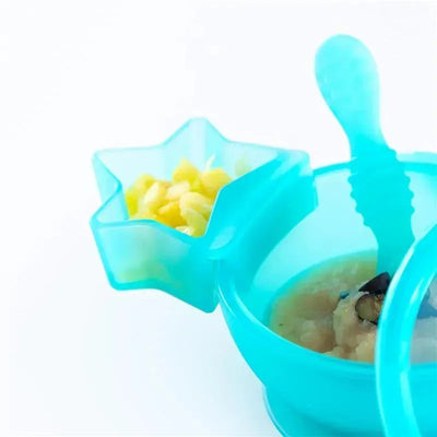 Silicone baby dipper set in aqua jelly color, featuring a star-shaped container with diced fruit and a bowl of food.