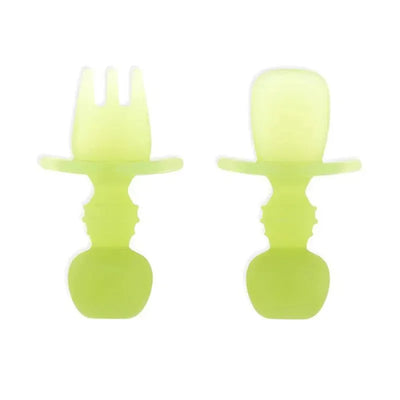Silicone baby utensils set in green jelly color, featuring a fork and spoon designed for infants.