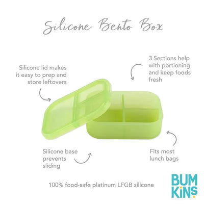 Bumkins silicone bento box in green with three compartments, featuring a silicone lid and base to prevent sliding.