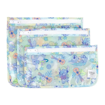 Clear travel bags set of three featuring colorful Aloha-themed designs with Stitch and tropical elements.