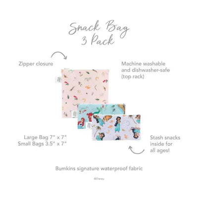 Disney Princess 3-pack snack bags by Bumkins, featuring waterproof fabric, zipper closures, and machine washable convenience.