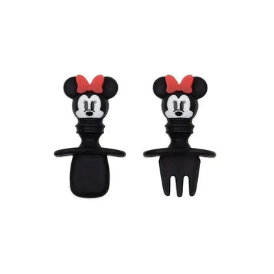 Silicone chew utensils shaped like Minnie Mouse, featuring her iconic bow and facial design, ideal for toddler feeding.