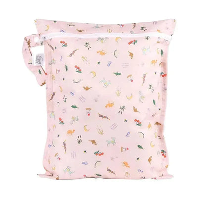 Waterproof wet bag featuring a playful pink design with illustrated animals and plants, perfect for storing wet items.