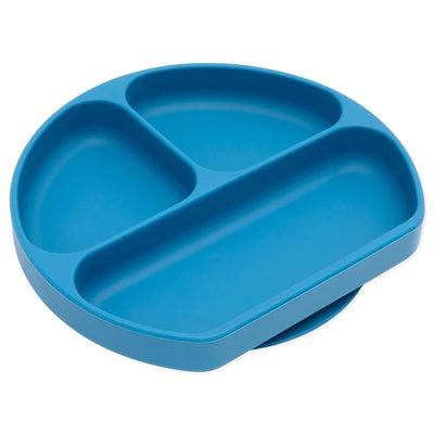 Bumkins Silicone Grip Dish in dark blue, featuring three sections for separating food and a non-slip base.