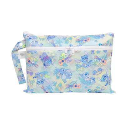 Wet/dry clutch bag featuring colorful Aloha-themed designs with Stitch, tropical elements, and a zip closure.
