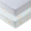 Organic cotton crib sheets set featuring a striped design in gray and white and a clouds pattern in soft pastel tones.