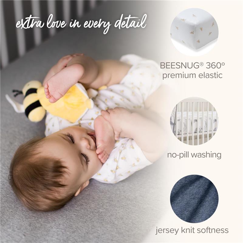 Organic cotton crib sheets set featuring a sleeping baby with a plush toy, highlighting sheet details like premium elastic and softness.