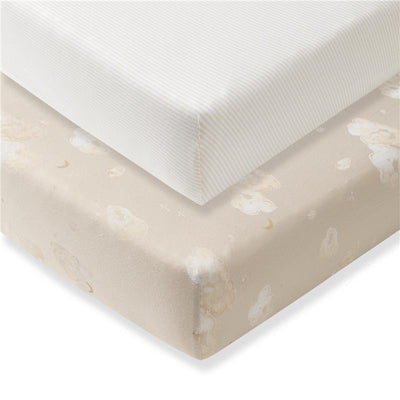 Organic cotton crib sheets set featuring a striped limestone design and a cloud pattern, ideal for a nursery.