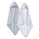 Organic knit terry towels set featuring two designs: one with gray stripes and the other with moon patterns.