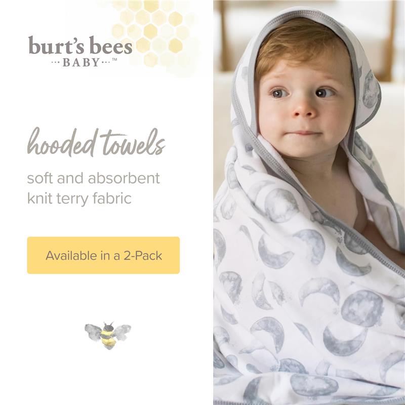 Hooded towels designed for babies, featuring soft knit terry fabric and moon patterns, shown on a child. Available in a 2-pack.