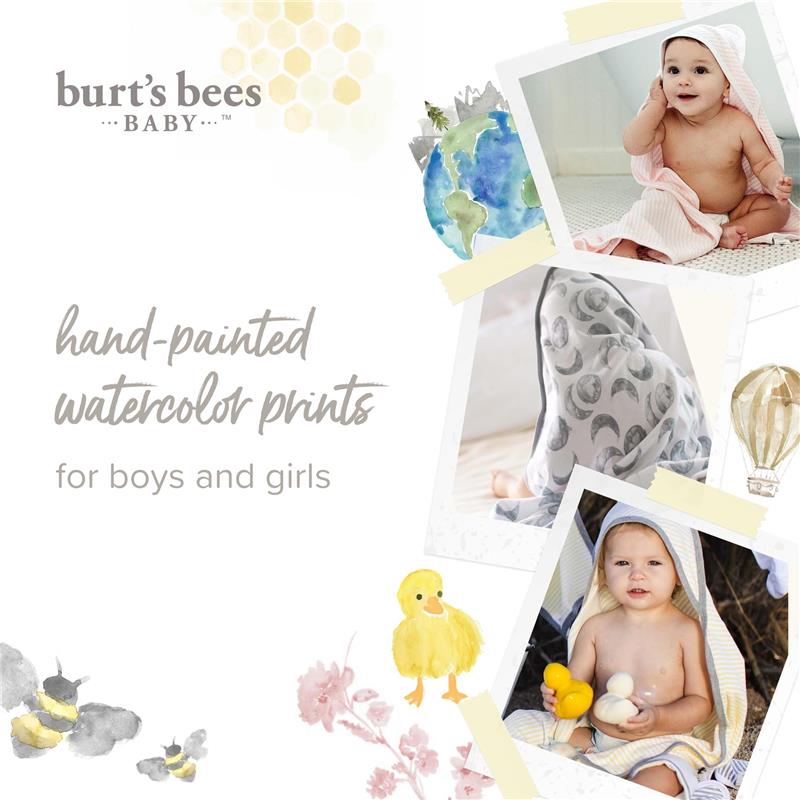 Organic cotton towels set featuring hand-painted watercolor prints, designed for babies, showcasing various designs and colors.