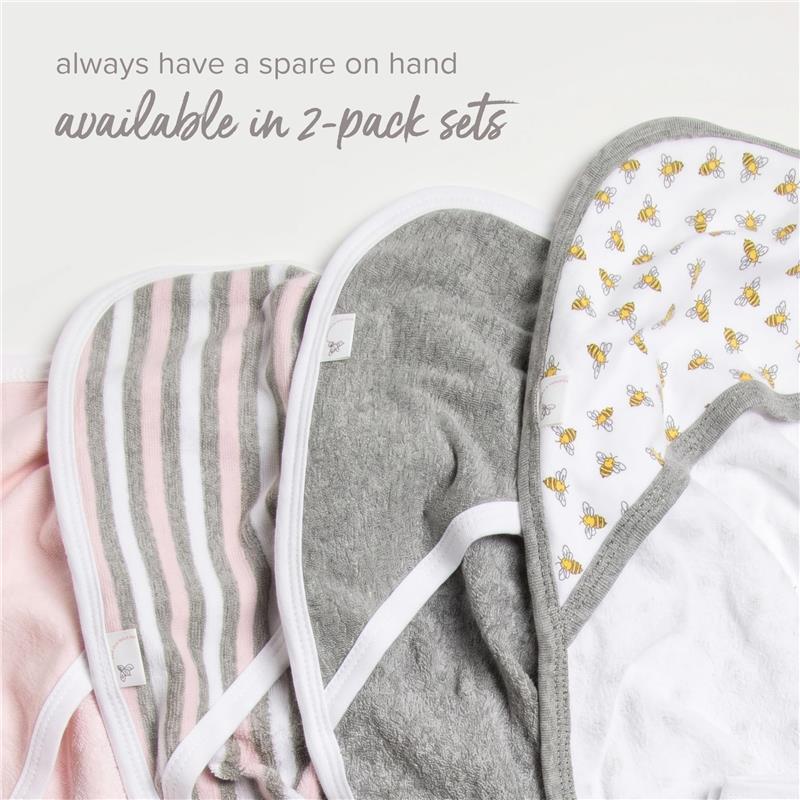 Set of Burts Bees Hello Moon organic knit terry towels, featuring pink, gray, and bee-patterned designs with white trim.