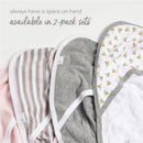 Set of Burts Bees Hello Moon organic knit terry towels, featuring pink, gray, and bee-patterned designs with white trim.