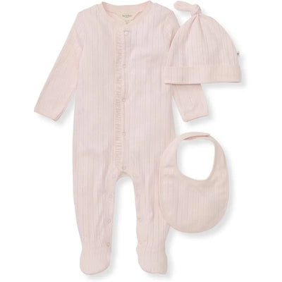 Soft pink striped jumpsuit with matching hat and bib set, ideal for infants, featuring button-front closure and ribbed texture.