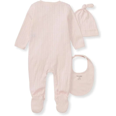 Burts Bees 3Pk set featuring a light pink ribbed jumpsuit, matching hat, and bib, designed for infants.
