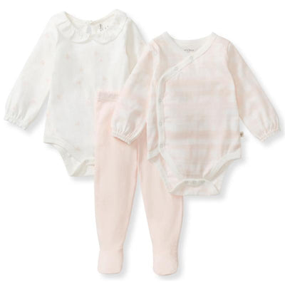 Three-piece baby girl outfit set featuring a long-sleeve white bodysuit, a pink striped bodysuit, and matching pink pants.