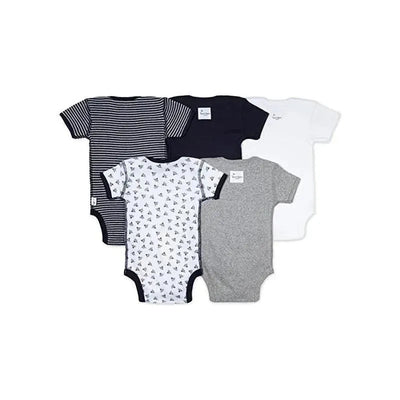 Five short sleeve bodysuits in assorted colors: navy, white, gray, and a patterned design featuring small boats.
