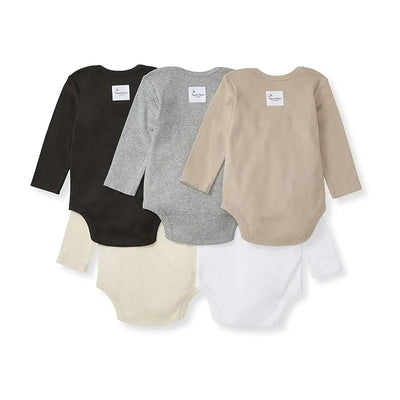 Five-pack of Burts Bees long sleeve baby bodysuits in ash colors, featuring black, gray, beige, cream, and white.