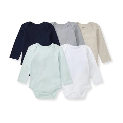 Five long sleeve bodysuits for babies in navy, light blue, gray, white, and beige colors, designed for unisex wear.
