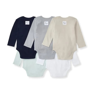 Five pack of unisex long sleeve baby bodysuits in midnight, gray, beige, mint, and white colors with tag labels.
