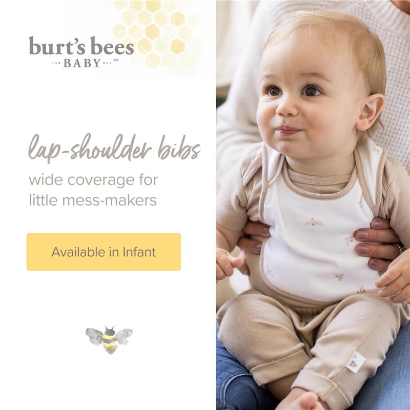 Burts Bees lap-shoulder bibs set for infants, featuring a child in a beige outfit and light-colored bib with bee designs.