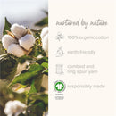 Organic cotton plant with text highlighting 100% organic cotton, earth-friendly features, and responsible materials used.
