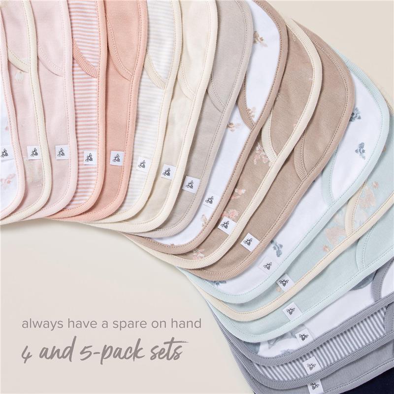 Burts Bees 5-pack Golden Bee lap shoulder bibs in soft colors with floral and striped patterns, featuring brand labels.