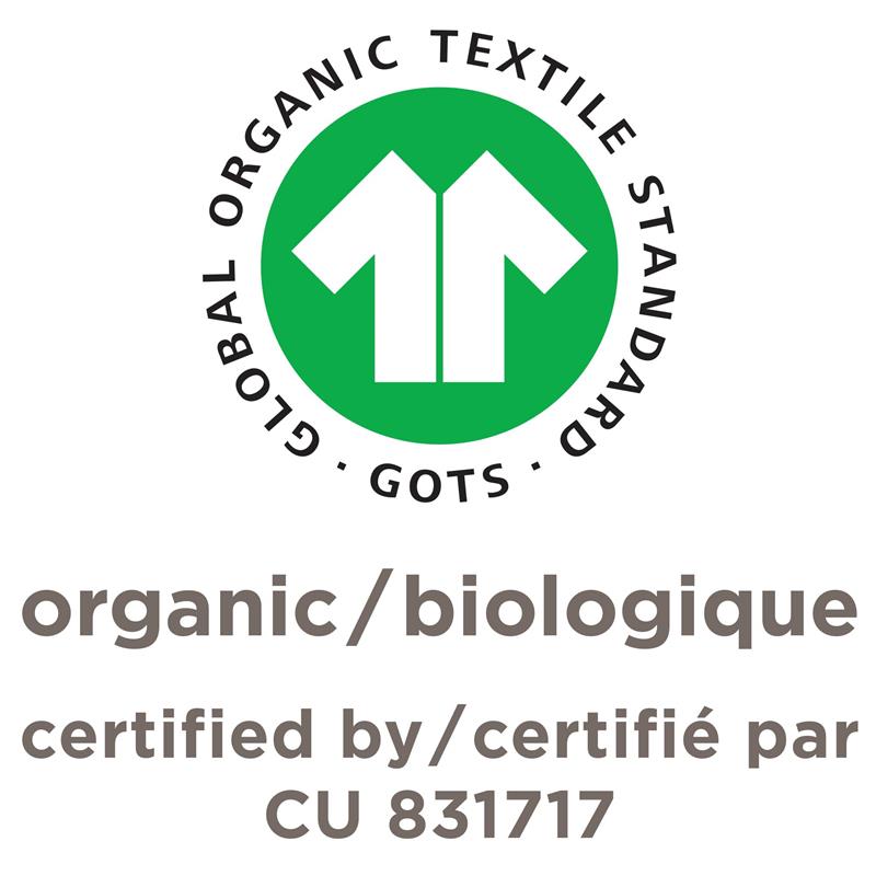 Global Organic Textile Standard certification logo featuring a green circle with arrows and text indicating organic certification.