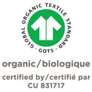 Global Organic Textile Standard certification logo featuring a green circle with arrows and text indicating organic certification.