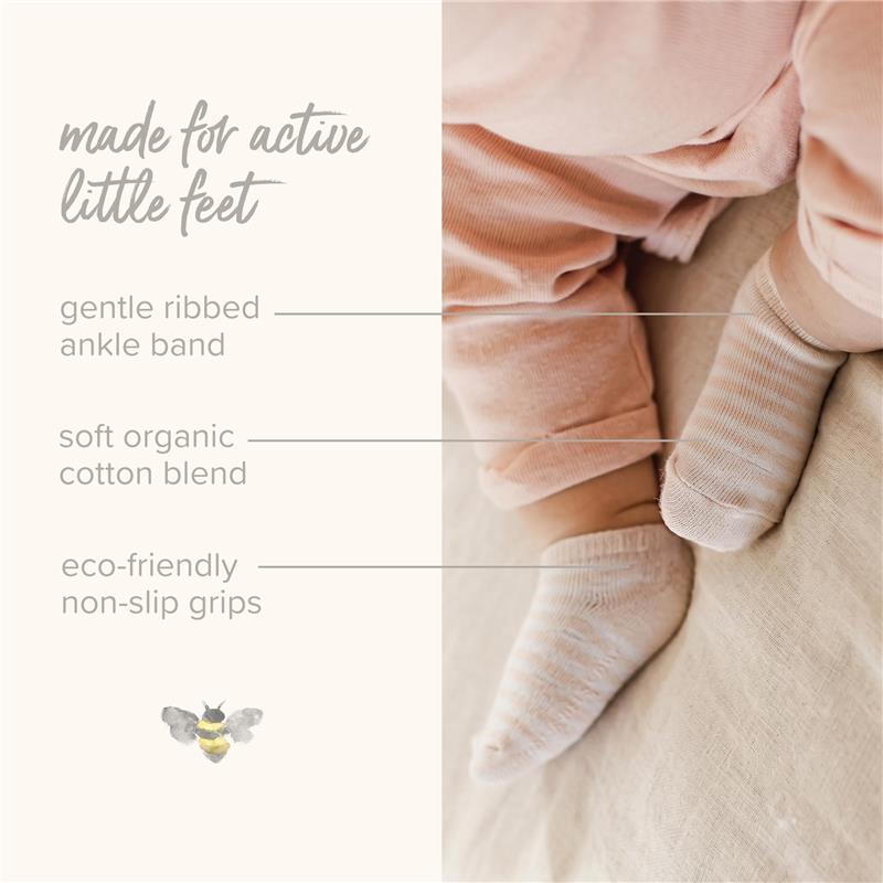 Burts Bees 6Pk Multi Ankle Socks in Oat for infants, highlighting gentle ribbed ankle band, organic cotton blend, and eco-friendly non-slip grips.