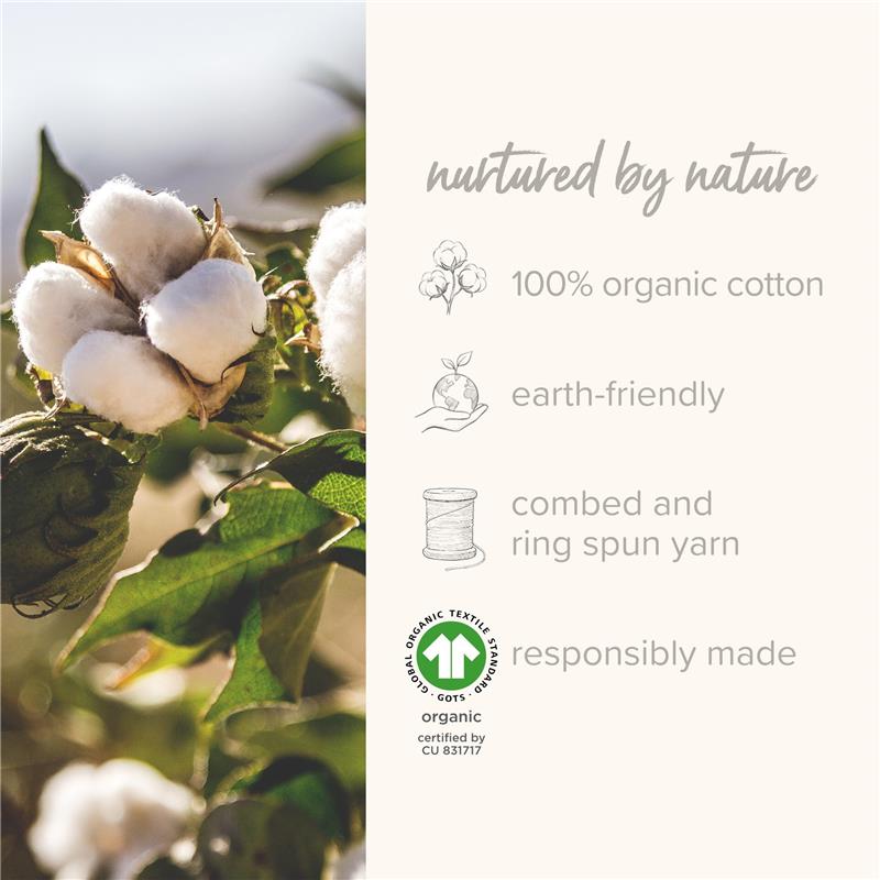 100% organic cotton plant with product assurances: earth-friendly, combed, ring spun yarn, responsibly made, GOTS certified.