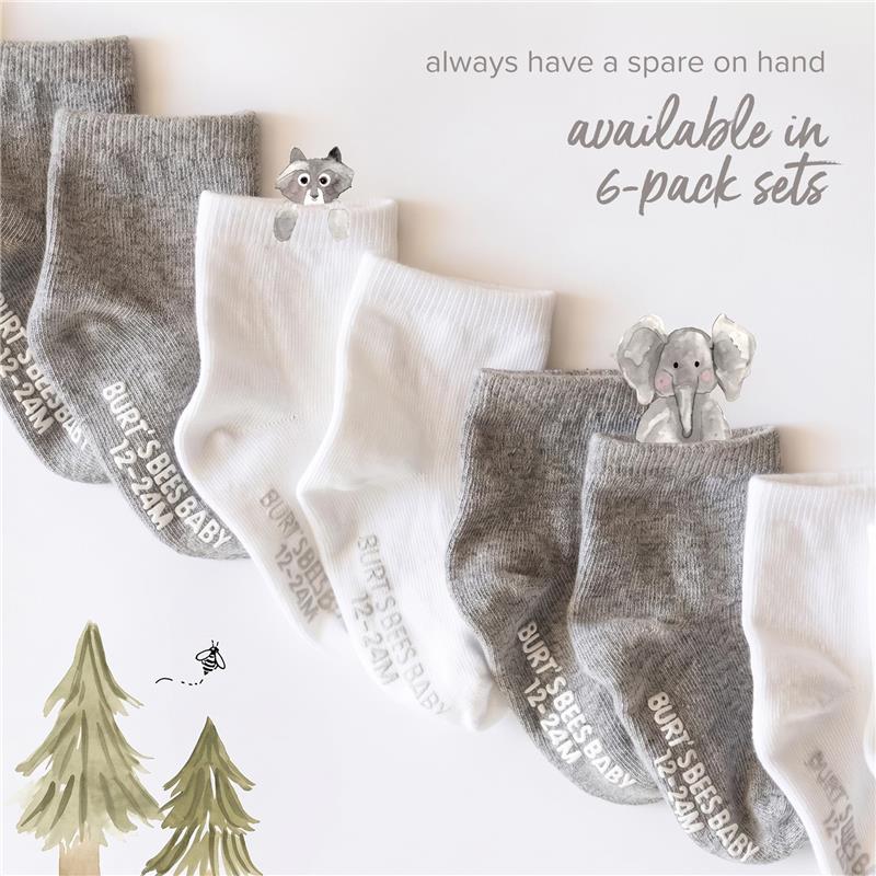 Burts Bees 6-pack ankle socks for infants in oat colors, featuring cute animal illustrations and sizes labeled 12-24M.