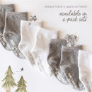 Burts Bees 6-pack ankle socks for infants in oat colors, featuring cute animal illustrations and sizes labeled 12-24M.