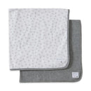 Organic cotton blankets in heather grey, featuring one patterned with light grey bees and the other solid grey.