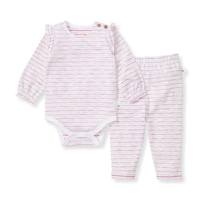 Baby girl slub stripe bodysuit set in crocus, featuring long sleeves and elastic waist pants, with pink and white stripes.
