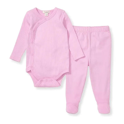 Baby girl wrap front bodysuit set in crocus pink, featuring a long-sleeve bodysuit with buttons and matching pants.