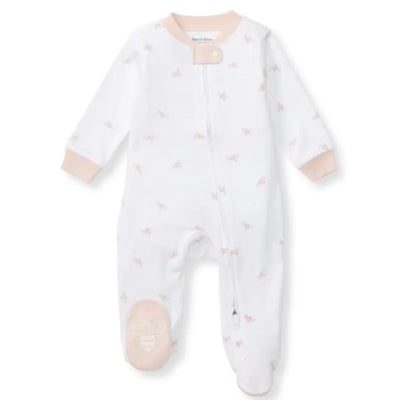 Burts Bees Baby Golden Bee Sleep & Play, white with pink bee patterns, featuring a front snap closure and bee embroidery on the foot.