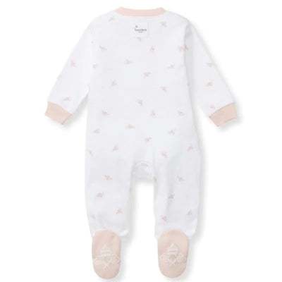 White baby onesie with light pink accents and a subtle floral pattern, featuring footed design and a tag on the back.