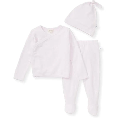 Baby set including a lavender long-sleeve wrap shirt, matching pants, and a knot hat, made from soft terry fabric.