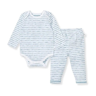 Baby bodysuit set featuring a long-sleeve striped top in light blue and white with matching striped pants.