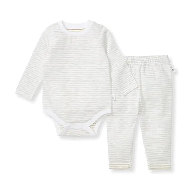 Burts Bees Baby unisex slub stripe bodysuit set in mossy green, featuring a long-sleeve bodysuit and matching pants.