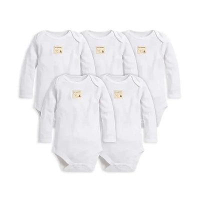 White long sleeve bodysuits in a 5-pack for preemies, featuring a small tan label on each.