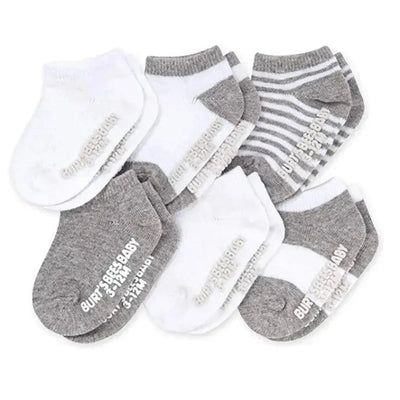 Organic cotton baby socks in a 6-pack featuring multi heather grey and white designs, including stripes and solid colors.