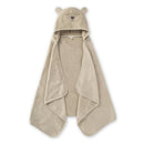 Organic cotton toddler hooded towel shaped like a bear, featuring closed eyes and a neutral beige color.