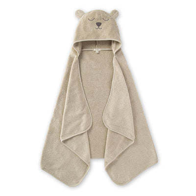 Organic cotton toddler hooded towel shaped like a bear, featuring closed eyes and a neutral beige color.