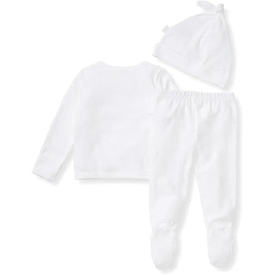 Raised terry baby outfit set in cloud color, including a long-sleeve shirt, pants, and a knotted hat.