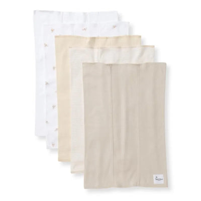 Set of 5 Burts Bees burp cloths in shades of white and oat, featuring a bee pattern on one cloth and soft, absorbent fabric.