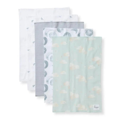 Set of five Burts Bees Hello Moon burp cloths in various patterns including clouds and stripes, designed for baby care.