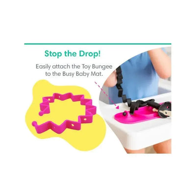 Busy Baby Toy Bungee in spearmint with a pink attachment, promoting preventing dropped toys on a Busy Baby Mat.