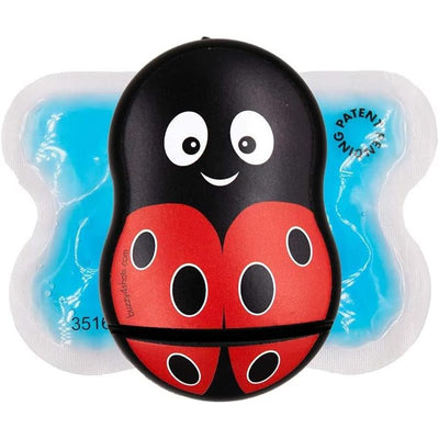 Buzzy Injection Pain Relief Vibration Device designed for vaccines, featuring a ladybug design and an ice pack.